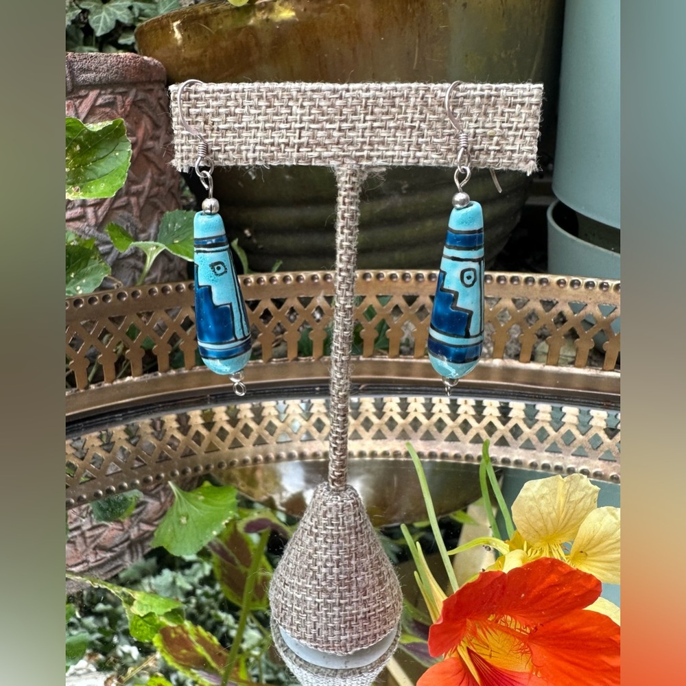 Vintage Esmalte Azul Hand Glazed Southwestern Blues Ceramic Drop Earrings